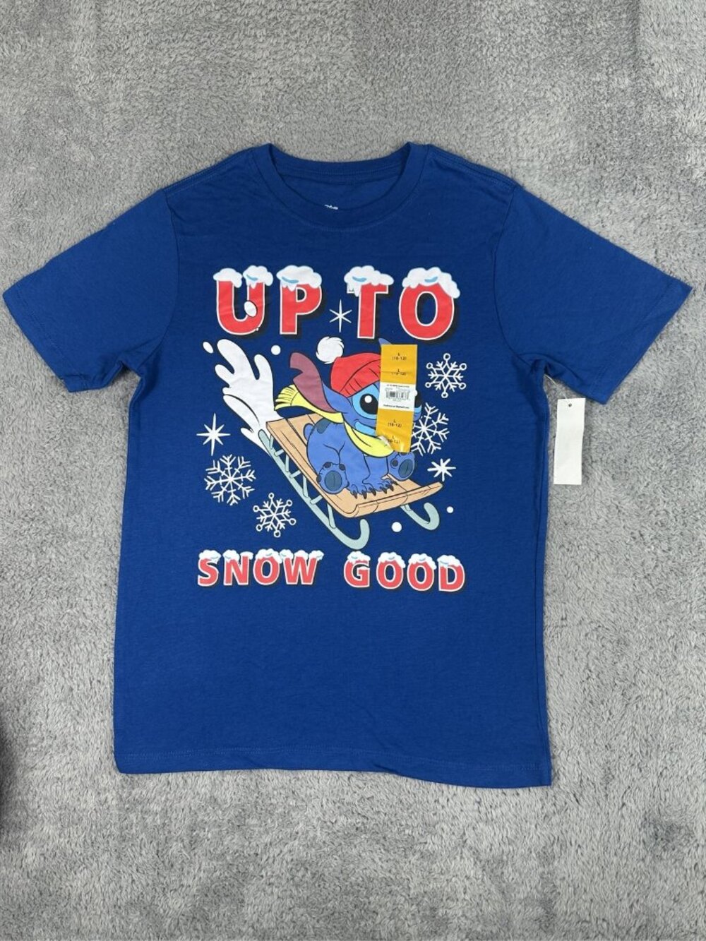 Disney Lilo & Stitch Up To Snow Good Graphic T-Shirt Boys Blue Short Sleeve Sz L